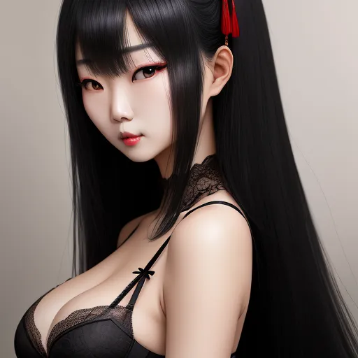 a very pretty asian woman with long black hair and a sexy bra top on her chest and a red bow in her hair, by Terada Katsuya