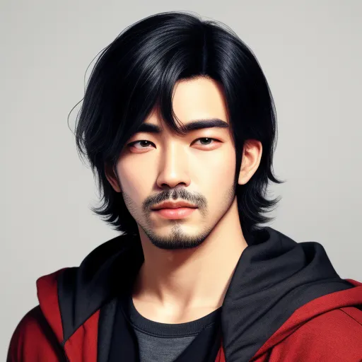change image resolution online - a man with a mustache and a red jacket on a gray background with a black hoodie on his head, by Chen Daofu