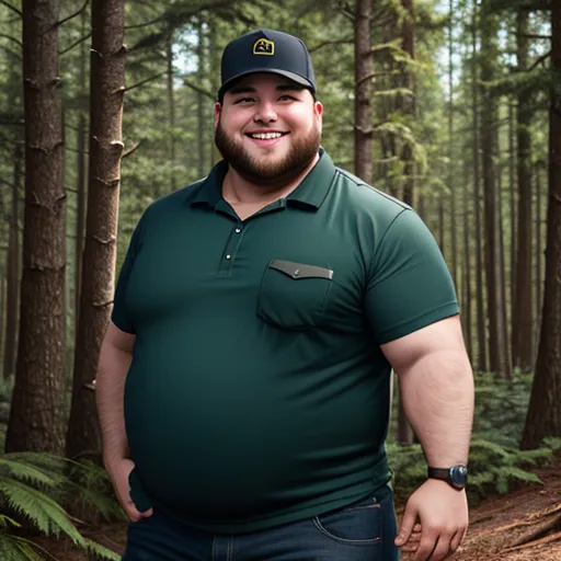 a man in a green shirt and hat standing in a forest with trees and ferns on the ground and smiling, by Botero