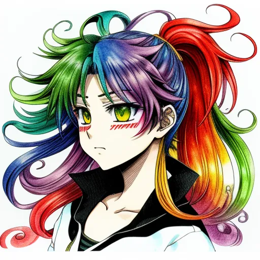 ai generated images from text online - a drawing of a girl with colorful hair and green eyes and a black shirt with a black shirt on, by Hanabusa Itchō