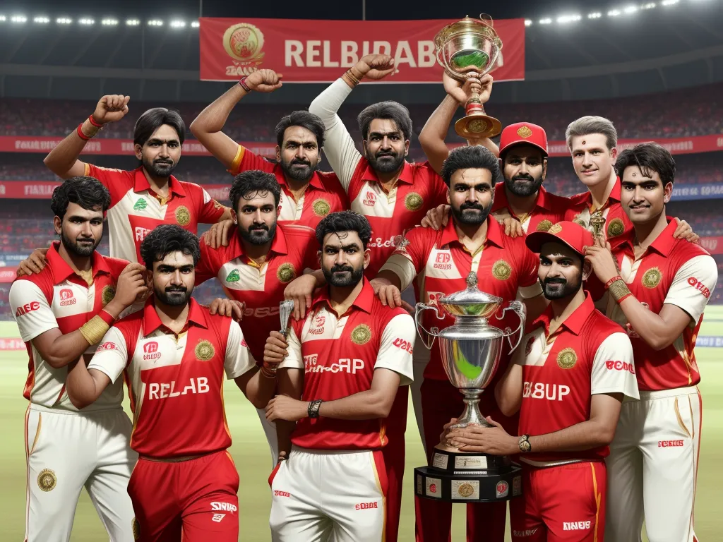 a group of men holding a trophy in front of a stadium filled with people wearing red and white uniforms, by Raja Ravi Varma