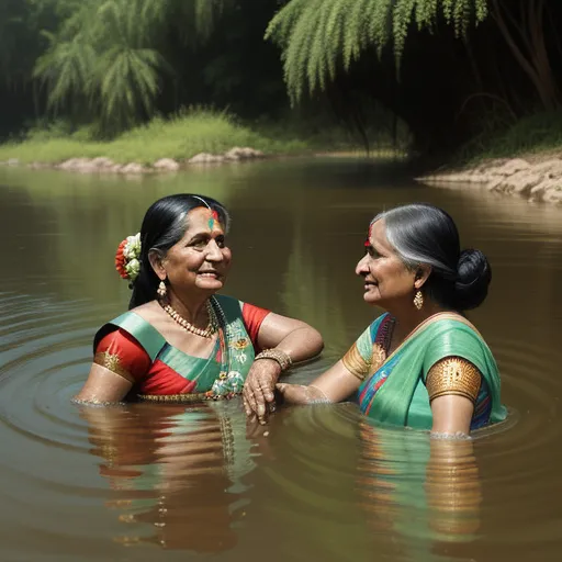 turn photo to hd - two women in a body of water with trees in the background and a river in the foreground with rocks and grass, by Kent Monkman