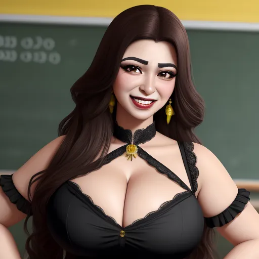 ai image app - a cartoon picture of a woman with big breast and big breasts in a bra top and gold earrings, standing in front of a chalk board, by theCHAMBA