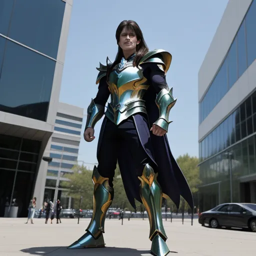 a woman in a costume standing in a parking lot with a car in the background and a building in the background, by Sailor Moon