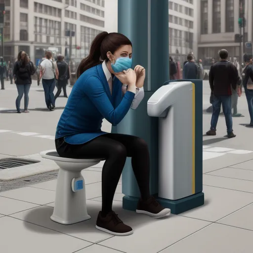 a woman sitting on a toilet seat wearing a face mask and a blue jacket, in a city square, by Pawel Kuczynski