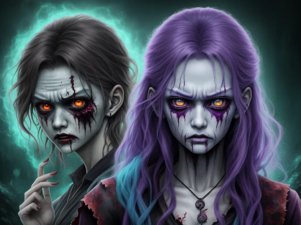 upscaler - two creepy looking women with red eyes and purple hair, one with red eyes and the other with blue hair, by Daniela Uhlig