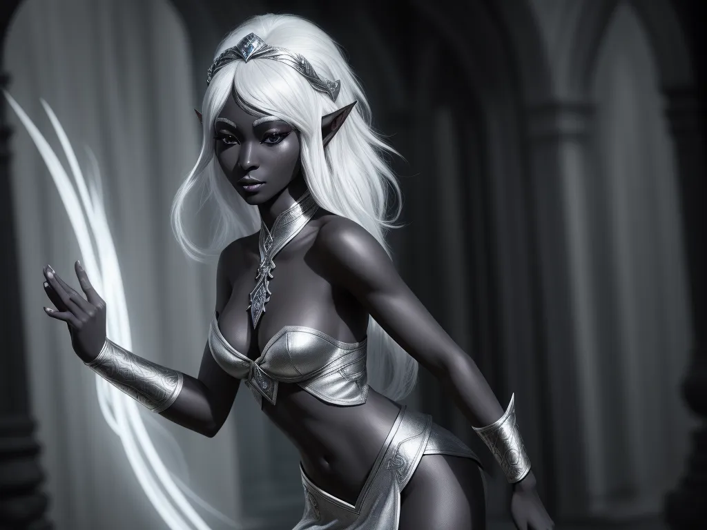 best ai picture generator - a woman dressed in a silver outfit with a sword in her hand and a white hair and tail, standing in a dark room, by Lois van Baarle