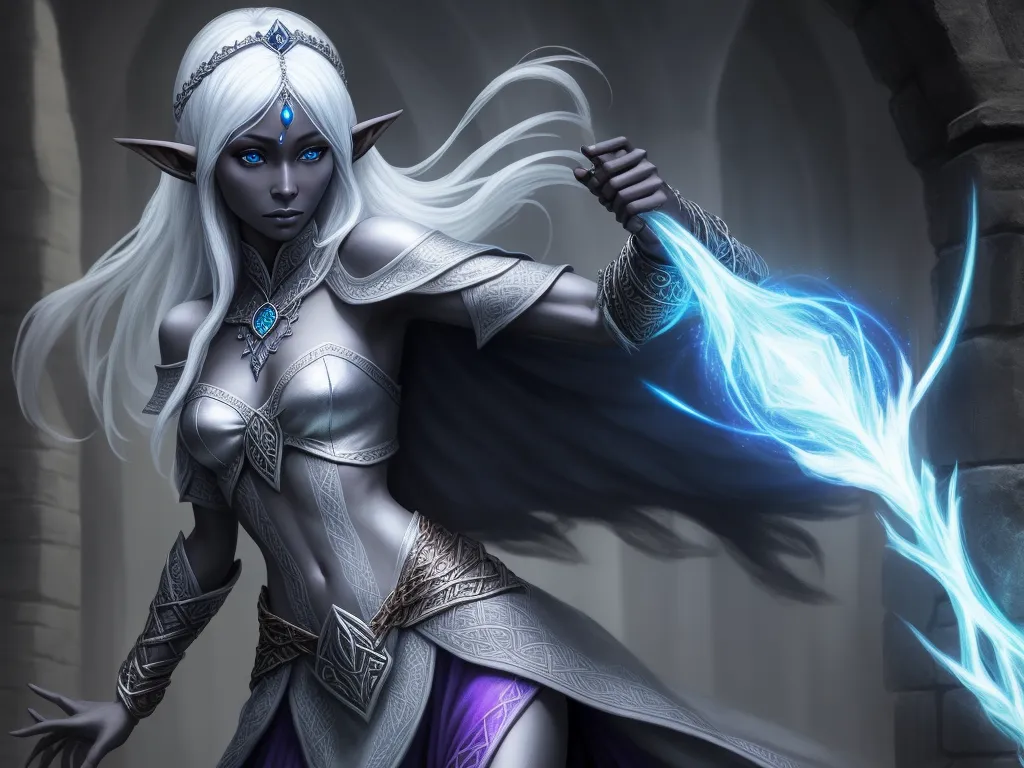 increase resolution of photo - a woman with white hair and a blue dress holding a blue light wand in her hand and a white hair, by Antonio J. Manzanedo