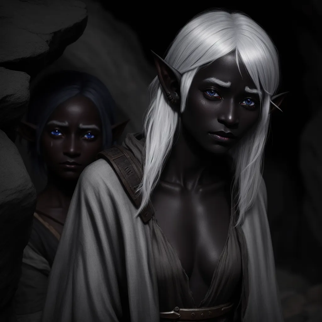 two women with white hair and blue eyes are standing in a cave with a dark background and a cave, by Daniela Uhlig