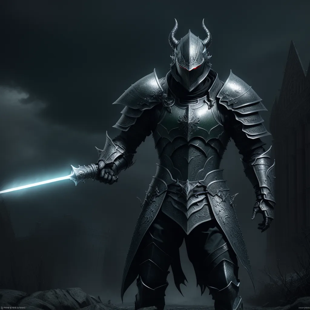 free photo enhancer online - a knight with a sword standing in a dark place with a castle in the background at night time,, by Kentaro Miura