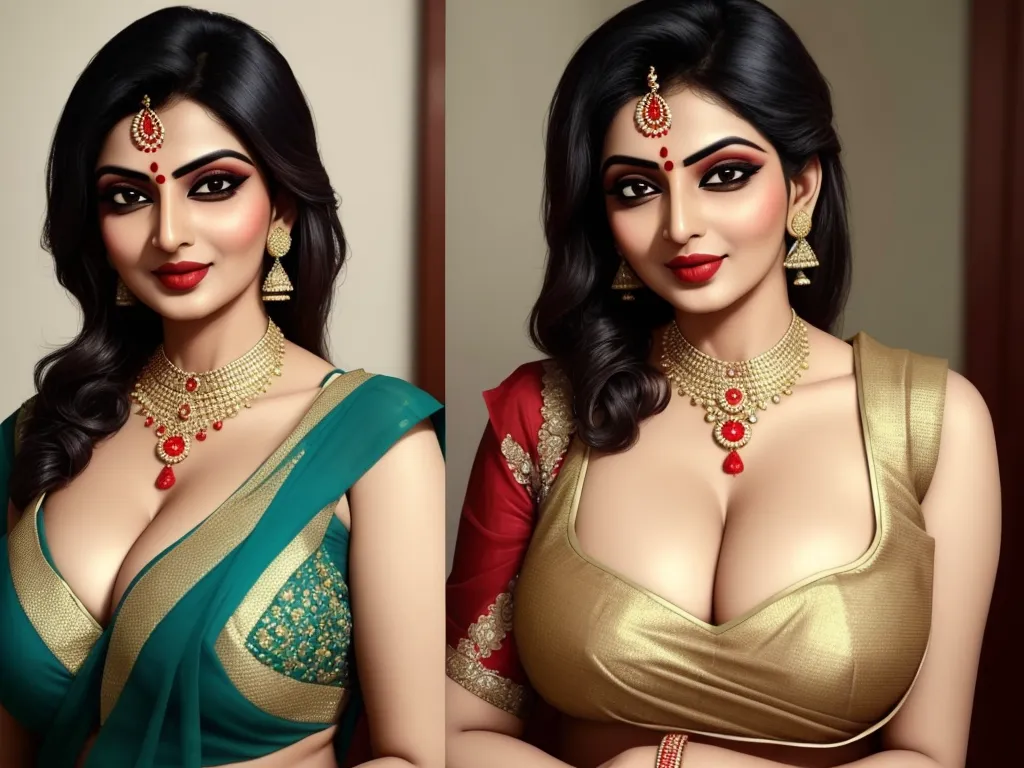 4k hd photo converter - a woman in a sari with a necklace and earrings on her neck and chest, and a picture of a woman in a sari, by Raja Ravi Varma