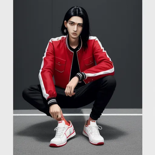 high quality pictures online - a man in a red jacket and white sneakers sitting on a floor with his hands on his knees and his right hand on his hip, by Chen Daofu