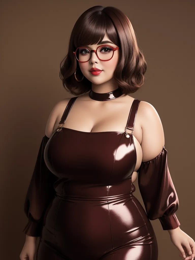 ultra hd print - a woman in a brown latex outfit with glasses on her head and a brown background is wearing a brown latex outfit, by Terada Katsuya