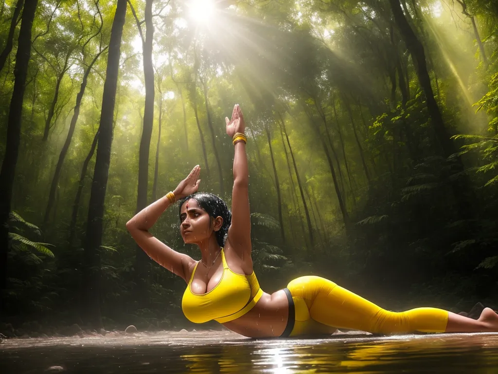 turn a picture into high resolution - a woman in a yellow outfit is doing yoga in the woods with her hands up in the air and her legs spread out, by Hendrik van Steenwijk I