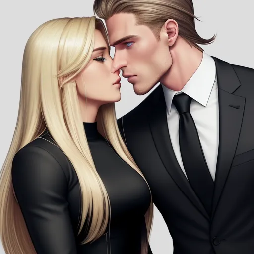 ai-generated images from text - a couple of people that are kissing each other in front of a gray background with a white background and a black suit, by Lois van Baarle