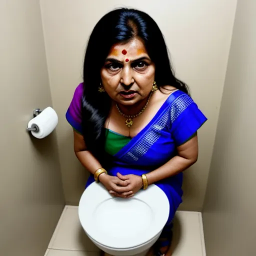 image resolution enhancer - a woman sitting on a toilet with a toilet paper roll in front of her face and a roll of toilet paper in front of her, by Raja Ravi Varma