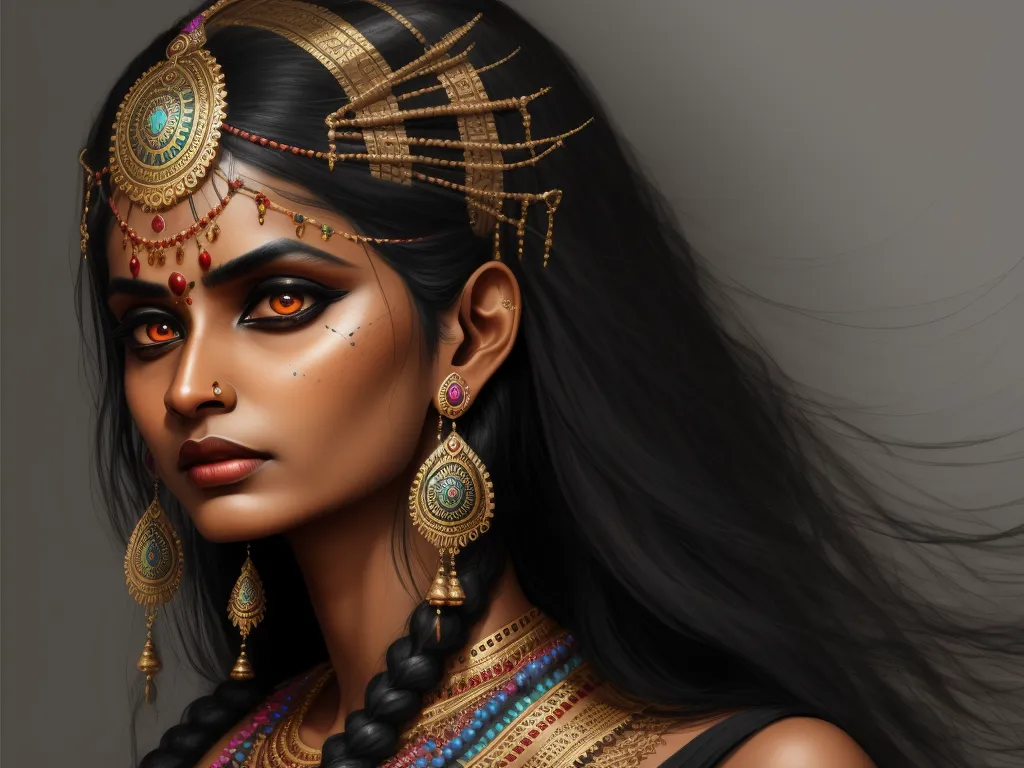 generate ai images from text - a woman with a very long black hair and a gold head piece with jewels on her head and a necklace with a turquoise stone, by Lois van Baarle