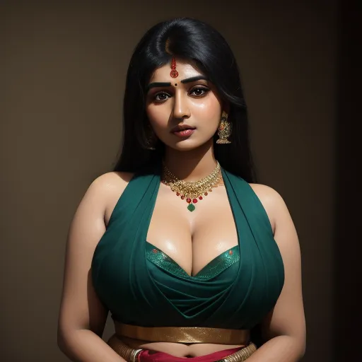convert to 4k photo - a woman in a green top with a gold necklace and a necklace on her neck and a gold necklace on her chest, by Raja Ravi Varma