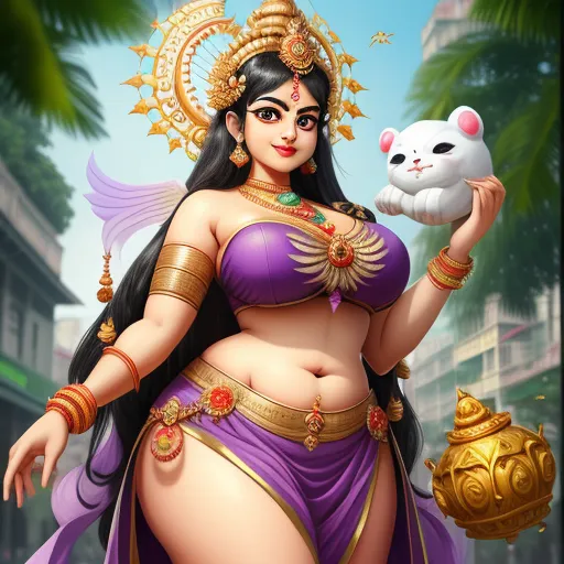 a woman in a purple outfit holding a white cat and a gold bowl in her hand and a white cat in her other hand, by Raja Ravi Varma