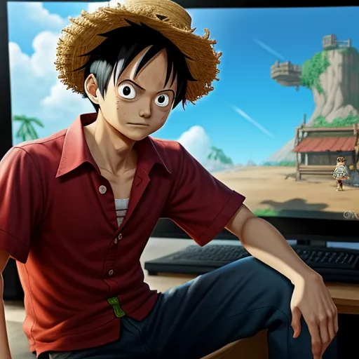 4k quality picture converter - a man sitting in front of a computer monitor with a straw hat on his head and a video game on the screen, by Toei Animations