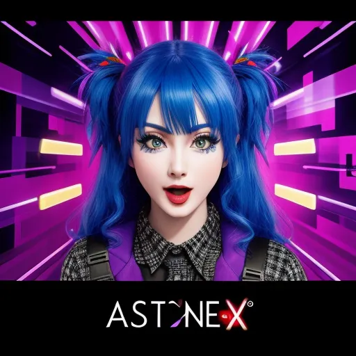 a woman with blue hair and a black shirt and a purple background with neon lights and a neon - colored background, by Toei Animations