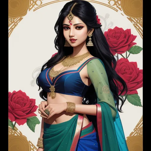 ai enhance image - a woman in a blue and green sari with a rose background and a gold necklace on her neck, by Raja Ravi Varma