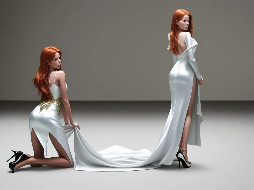 image ai generator from text - two women in white dresses are sitting on the floor and one is wearing high heels and the other is wearing high heels, by Hsiao-Ron Cheng