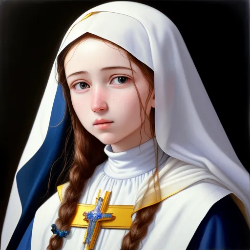 ai image upscale - a painting of a young girl wearing a white and blue outfit with a cross on her chest and a yellow ribbon around her neck, by Leiji Matsumoto
