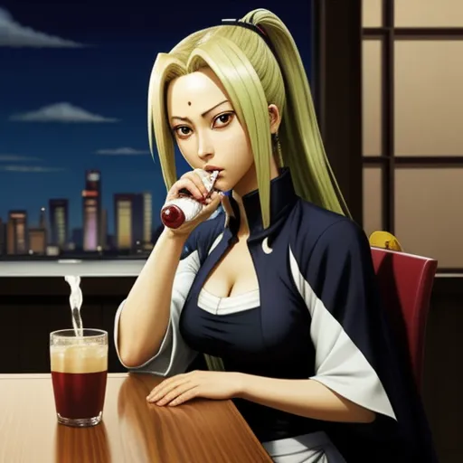 how to increase resolution of image - a woman sitting at a table drinking a beverage with a city in the background at night time, with a glass of soda in her hand, by Hiromu Arakawa