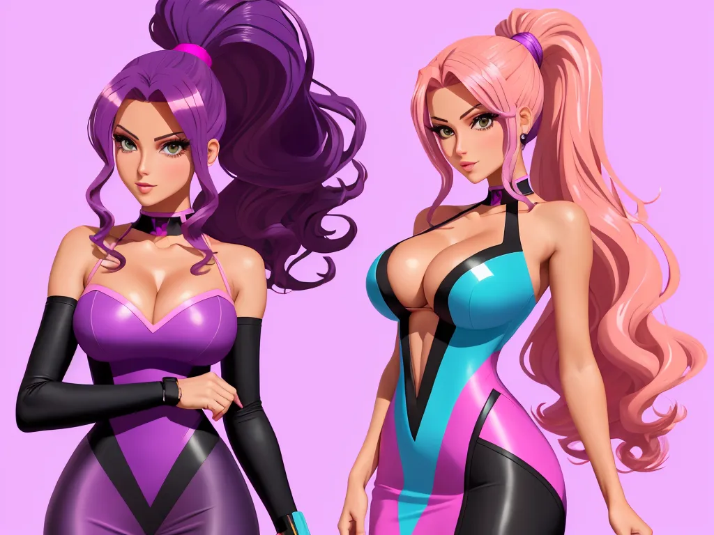 high res images - two cartoon women in catsuits and one is wearing a bra top and the other has a bra top, by theCHAMBA