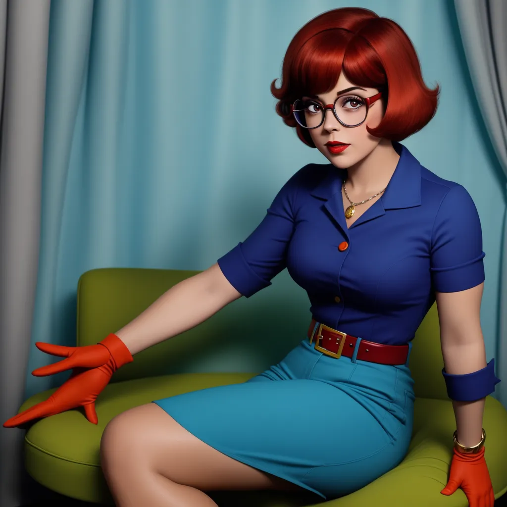 increasing photo resolution - a woman in a blue dress and red gloves sitting on a green chair with a blue curtain behind her, by Hanna-Barbera
