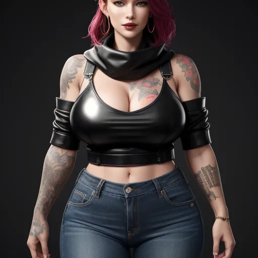 a woman with tattoos and a leather top on her chest and chest, wearing jeans and a black top, by Terada Katsuya