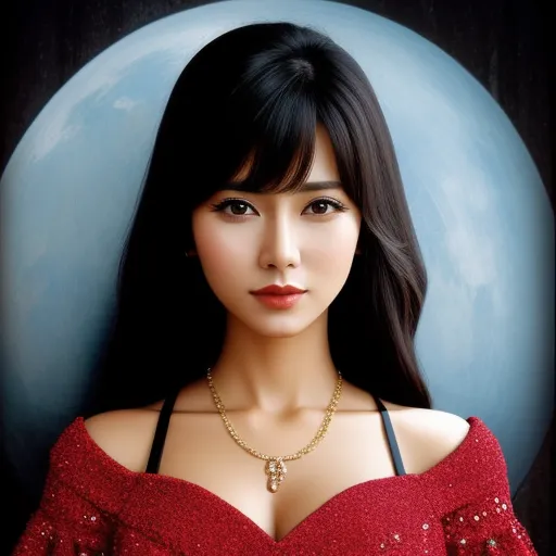 a woman with a necklace on her neck posing for a picture in a red dress with a blue background, by Sailor Moon