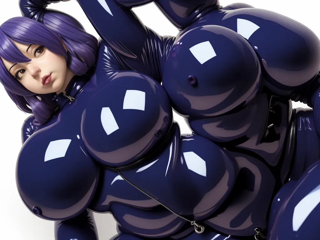 hdphoto - a woman with purple hair and a purple wig is posing in a bunch of balloons that look like a bunch of balls, by Hirohiko Araki