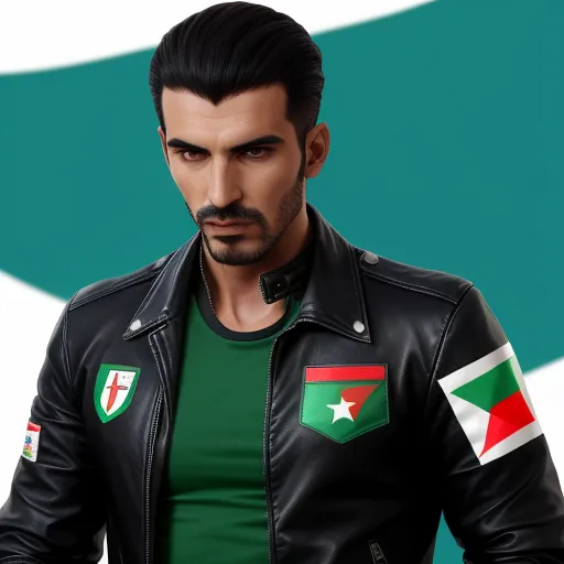 4k photo converter online - a man in a leather jacket with a green shirt and a flag on his chest and a black jacket, by François Quesnel