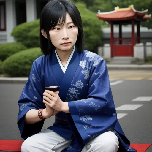 a woman in a blue kimono holding a cup of coffee in front of a building with a red roof, by Chen Daofu