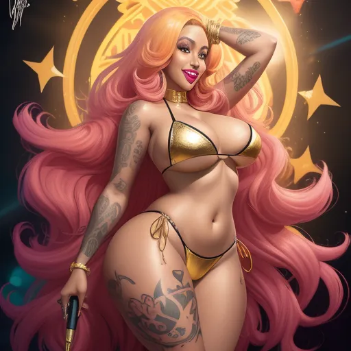 a woman with pink hair and tattoos holding a gun in her hand and wearing a bikini top and gold jewelry, by Sailor Moon