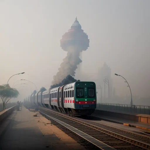 a train traveling down tracks next to a tall building in the foggy sky with a tower in the background, by Zhang Kechun