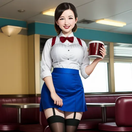 a woman in a waitress outfit holding a cup of coffee in a diner's booth with a red chair, by Terada Katsuya