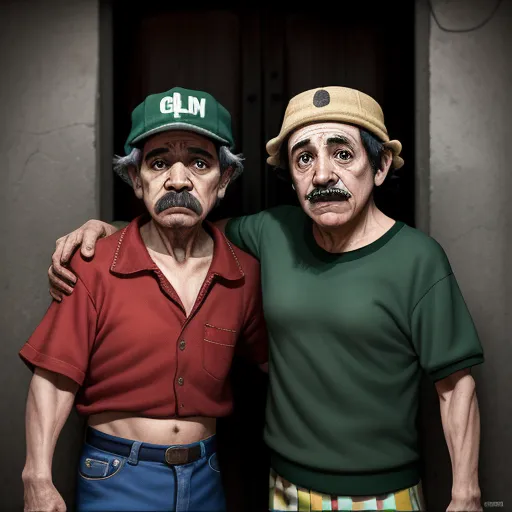 ai image generator from text online - two people are standing next to each other wearing hats and shirts with a fake mustache on their heads and a fake man with a fake mustache on his head, by Os Gemeos