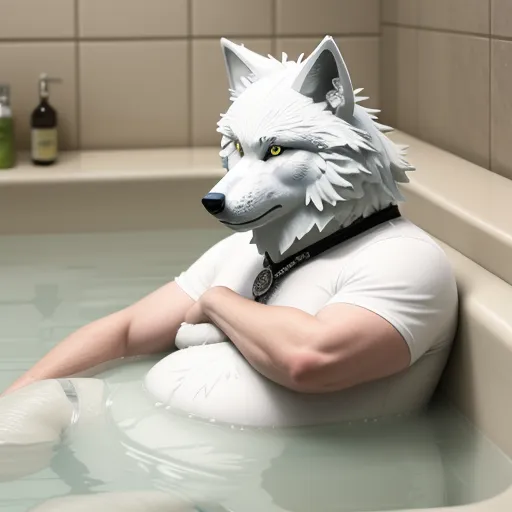 a man in a white shirt sitting in a bathtub with a wolf mask on his head and a bottle of beer in the background, by Terada Katsuya