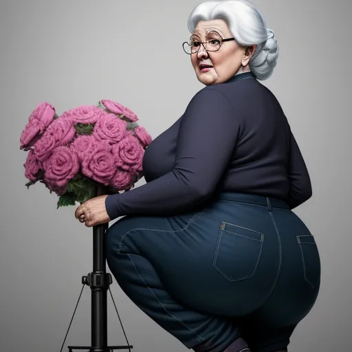 a woman with glasses holding a bunch of pink roses on a black stand with a gray background and a gray background, by Botero