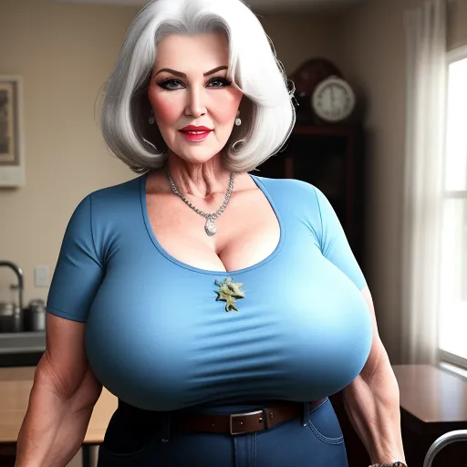 ai website that creates images - a woman with a big breast standing in a kitchen with a clock in the background and a blue shirt on, by Botero