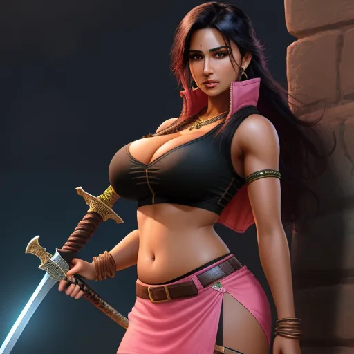 a woman in a bikini holding a sword and a sword in her hand, with a brick wall behind her, by Hanna-Barbera