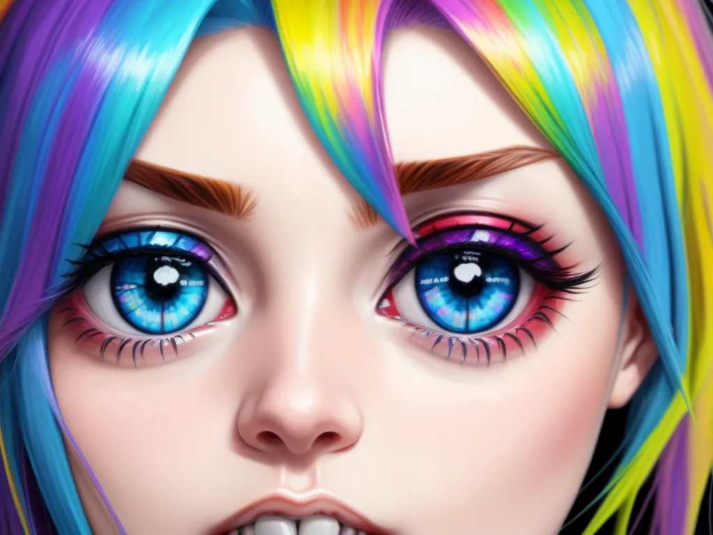 best text-to image ai - a digital painting of a woman with colorful hair and blue eyes with rainbow hair and blue eyes and white teeth, by Daniela Uhlig