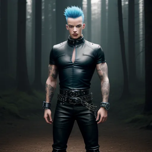 a man with blue hair and piercings standing in a forest with a chain around his neck and a leather outfit on, by François Quesnel