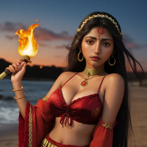 increase resolution of photo - a woman in a red dress holding a fire stick on a beach at sunset with a sunset sky in the background, by Sailor Moon