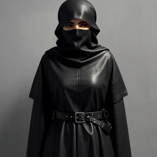 ultra hd print - a woman wearing a black leather outfit and a hood with a hood on her head and a belt around her waist, by Hendrik van Steenwijk I