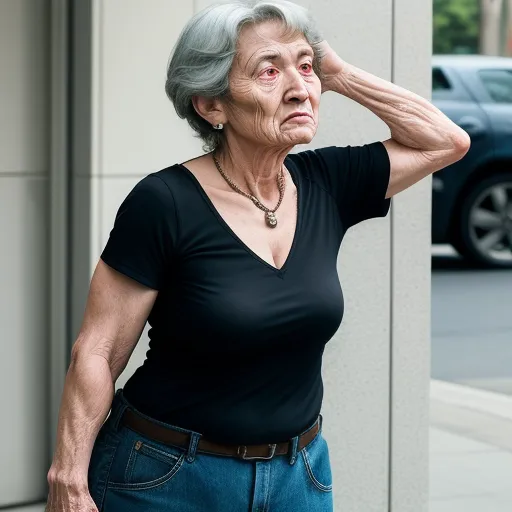 convert photo to 4k quality - a woman with grey hair and a black shirt is standing outside of a building and looking off to the side, by Cindy Sherman
