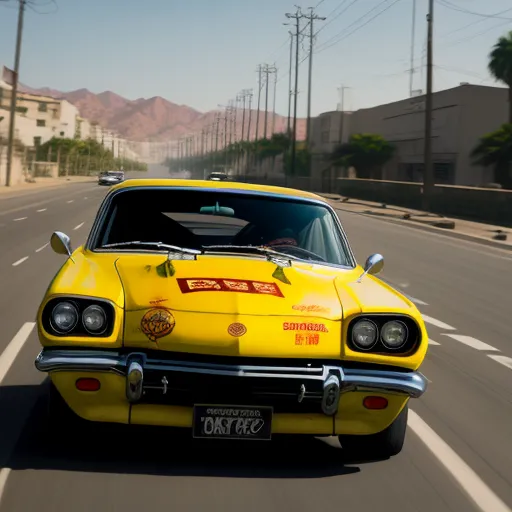 a yellow car driving down a street next to a tall building with a clock on it's side, by Quentin Tarantino